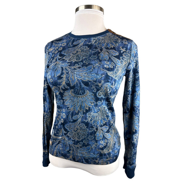 NWT Lauren Ralph Lauren Paisley Print LS Suede Elbow Shoulder Zip Top Blue Large - Picture 7 of 14